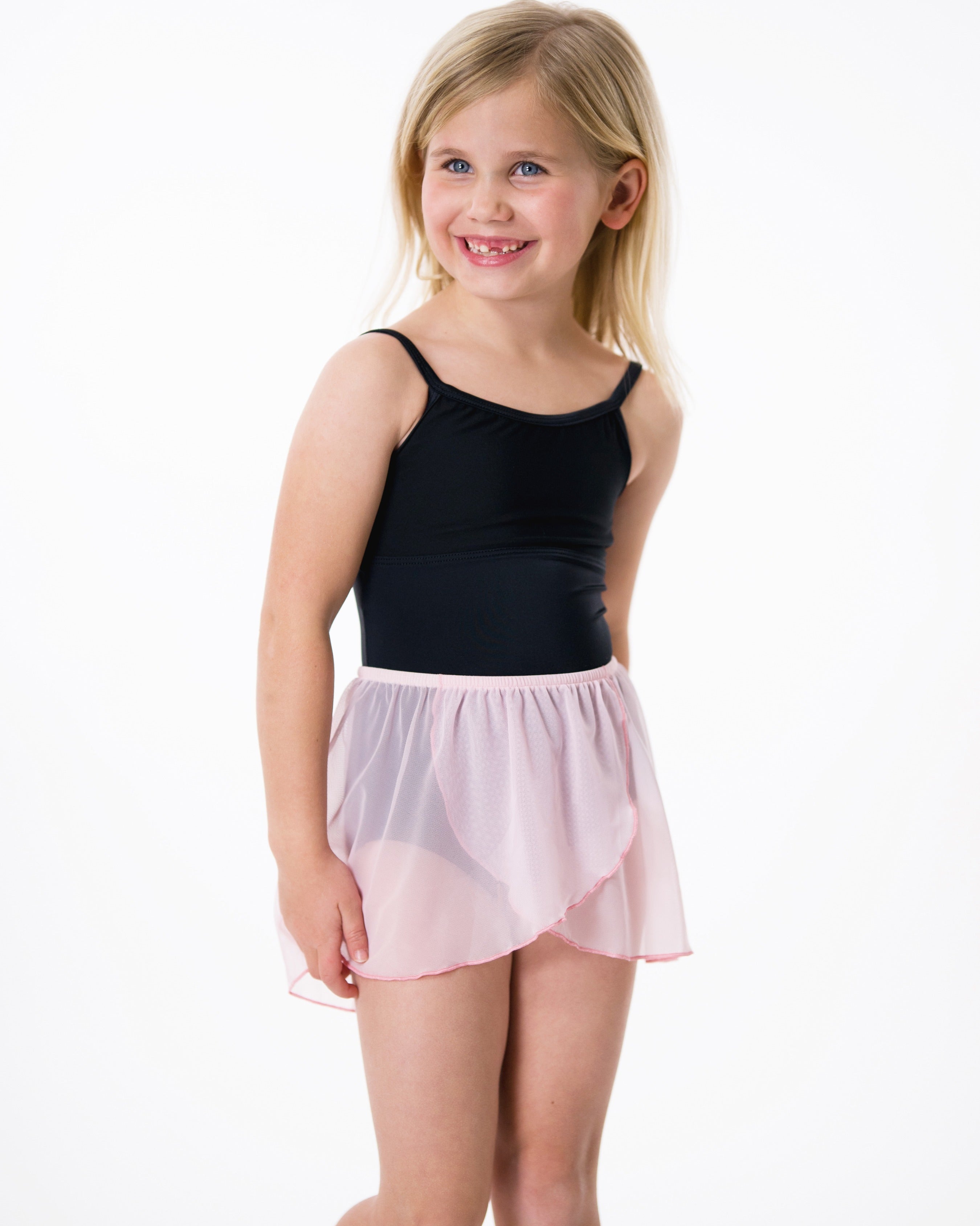 Model wearing pink, Mock wrap pull-on mesh skirt.