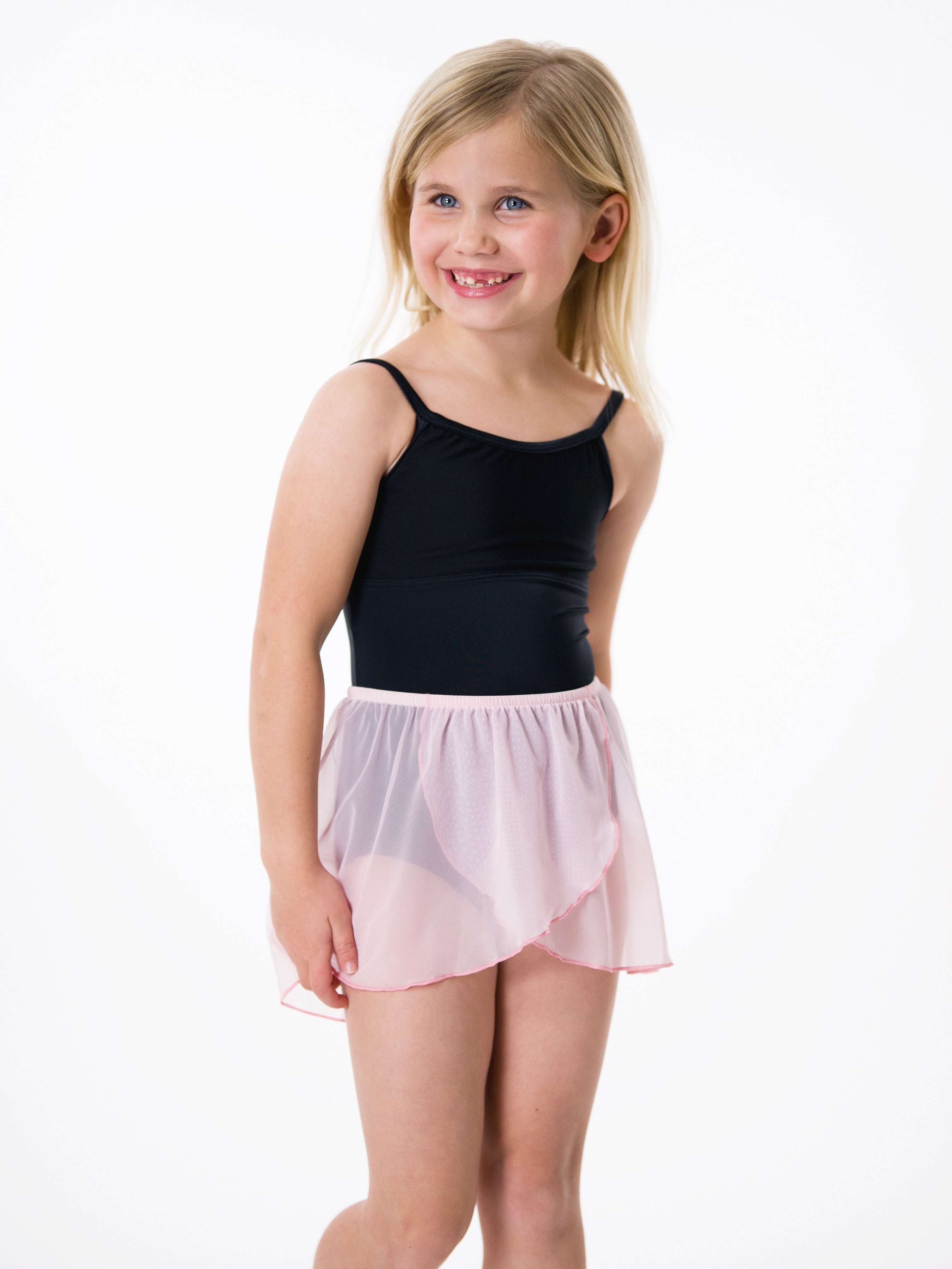 Model wearing pink, Mock wrap pull-on mesh skirt.