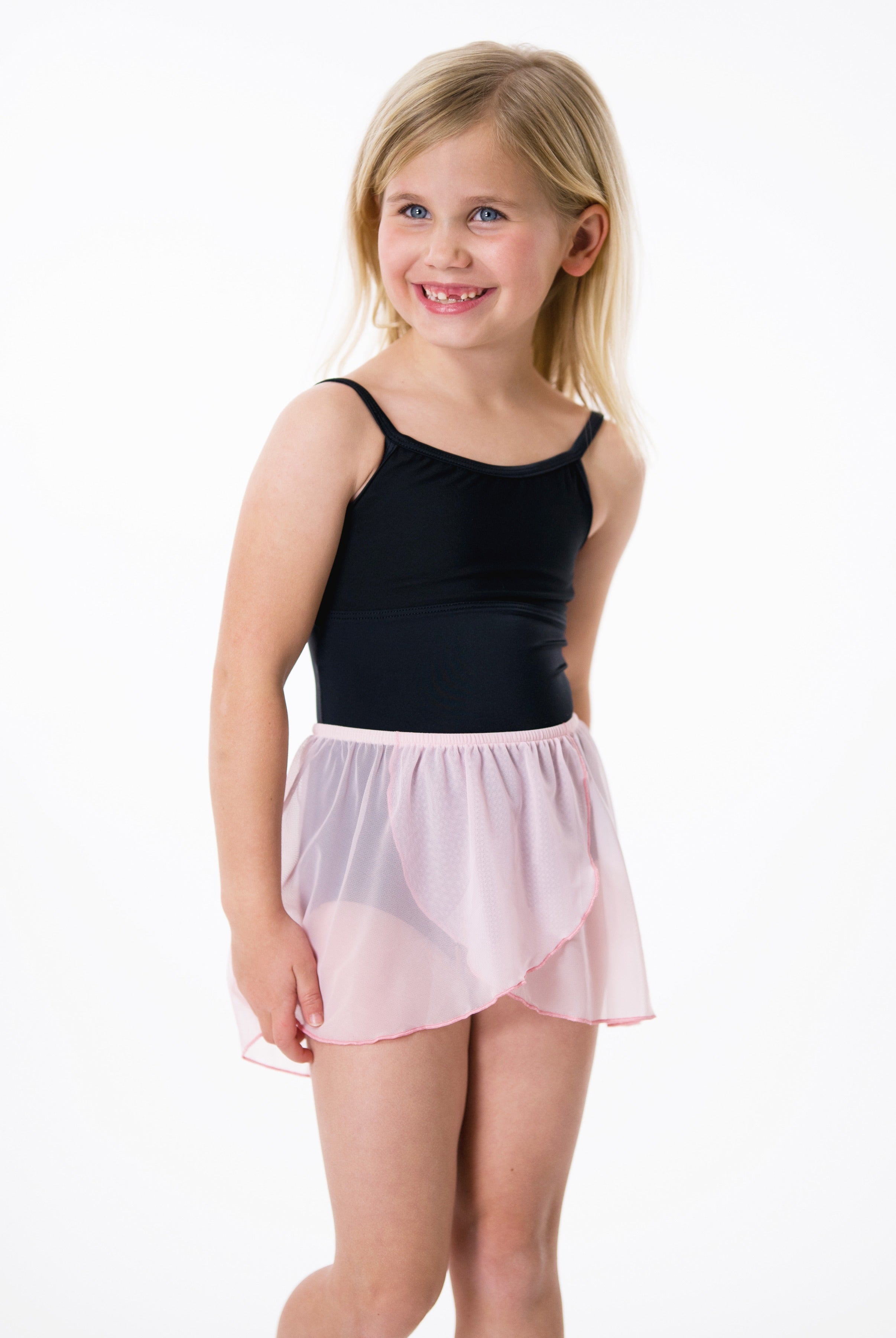 Model wearing pink, Mock wrap pull-on mesh skirt.