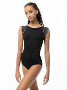 Model wearing black flutter sleeve leotard